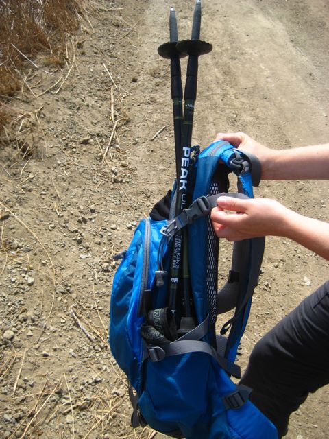 Trekking pole storage in a backpack that has side pockets and built in